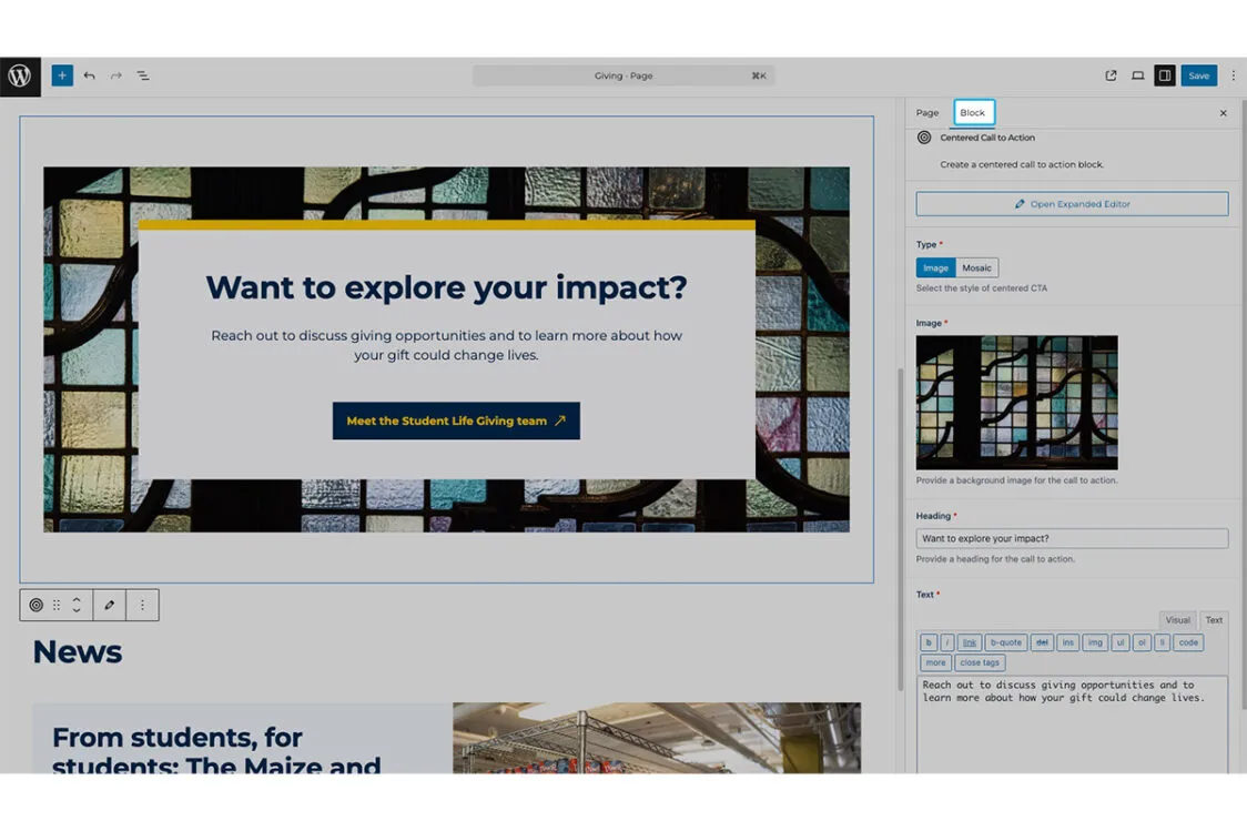 The WordPress page editor interface with the 