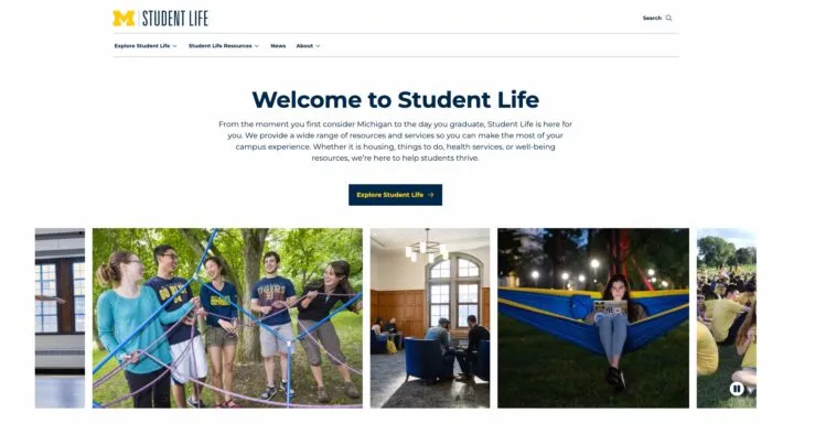 The Student Life home page with a carousel of images.