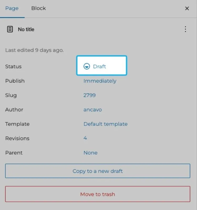 Changing the page status in WordPress.
