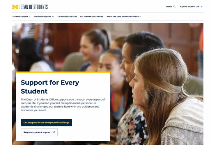 The Dean of Students Office home page with a large image background and a white rectangle with text.