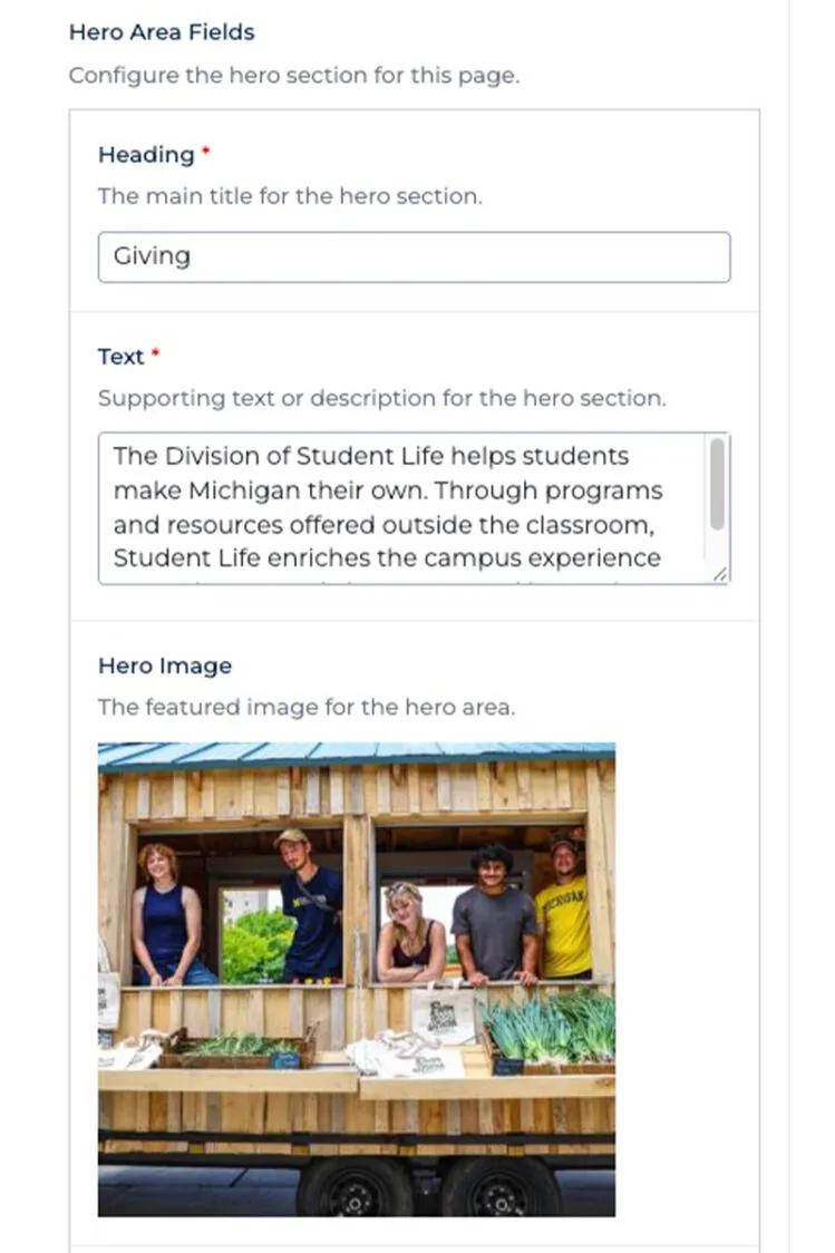 The hero area fields in the page settings of the WordPress interface.