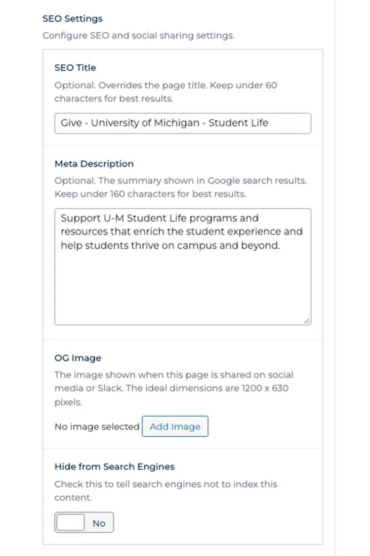 Screenshot of the SEO fields of the WordPress interface.