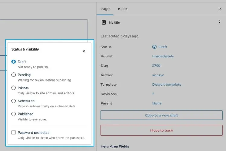 Changing the page status in WordPress.